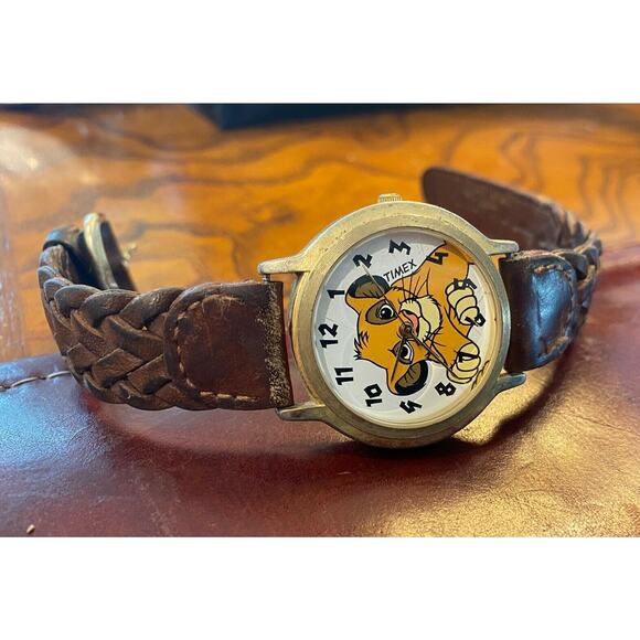VTG 35mm Women's Lion King Timex Watch,Gold Tone Braided Leather Band - Picture 1 of 3